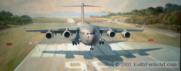 “Anything  Anytime Anywhere”, USAF  C-17 Globemaster III, Howard Air Force Base, Panama, Charleston AFB, SC  437th Airlift Wing, McDonnell, Pratt & Whitney,Northrop Grumman, C-17 Lithographic print & poster, Anything, Anywhere, Anytime, Lithographic print, 17 ½" x 32" Artist Proofs only  Signed and numbered by the artist C-17 The McDonnell Douglas C-17 Globemaster III, powered by Pratt and Whitney engines, is about to land at Howard AFB, Panama. Seconds from touchdown on Howard AFB, Panama's runway 36 assault zone, USAF C-17 Globemaster III "Reach" 291 Heavy makes history's first C-17 Short Austere Airfield (SAAF) landing.
